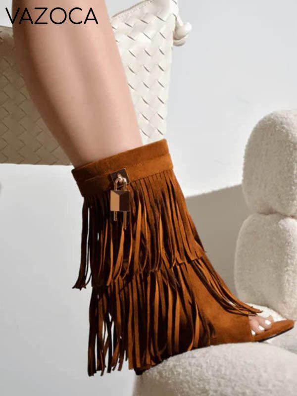 Fringe Open Toe Suede Boots