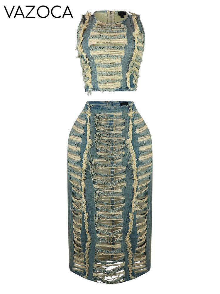 Denim Ripped Skirt Set