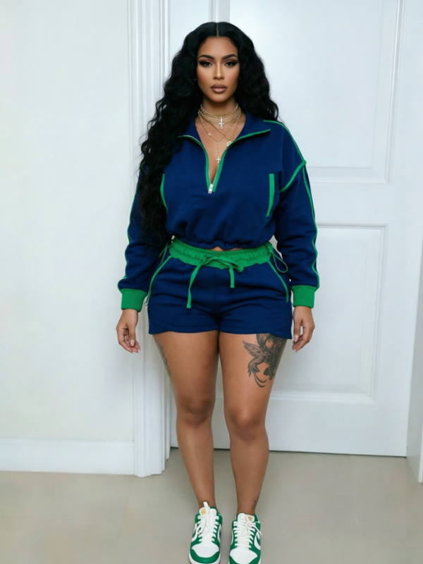 Contrast Zip Top & Shorts Set
