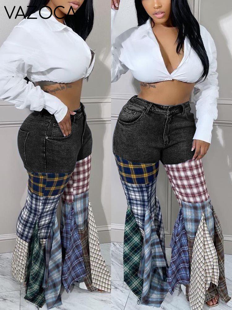 Plaid Patchwork Denim Jeans
