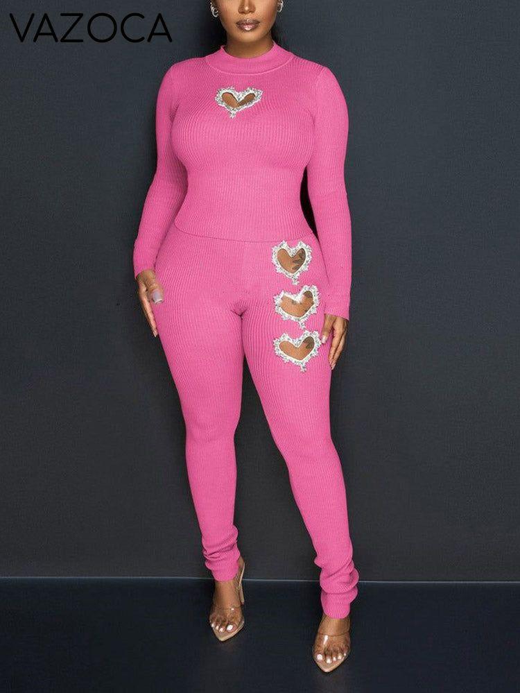 Ribbed Rhinestone-Heart Legging Set