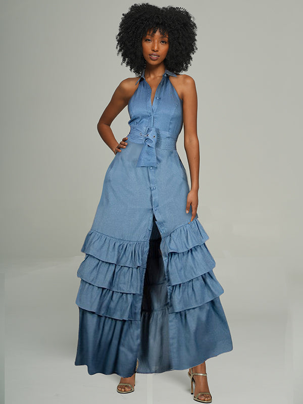 Button-Front Sleeveless Ruffle Dress -- sold out Blue