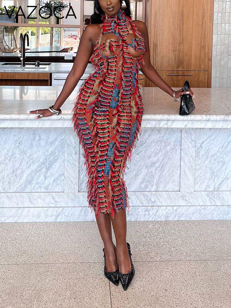 Double-Toned Fringe Mesh Dress