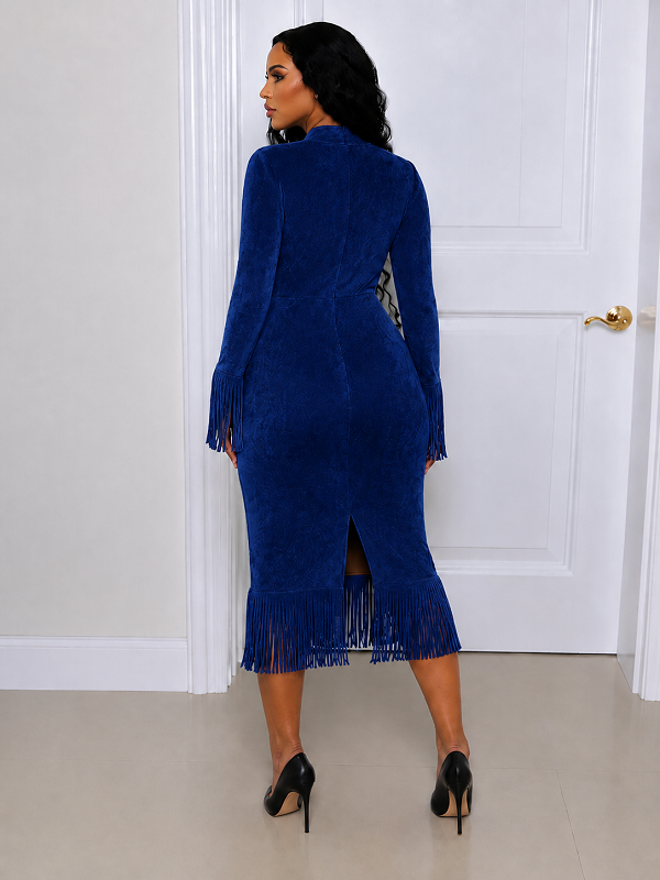 Solid V‑Neck Fringe Maxi Dress