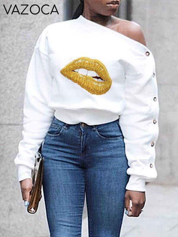 Gorgeousladie Lip One Shoulder Button Sleeve Top