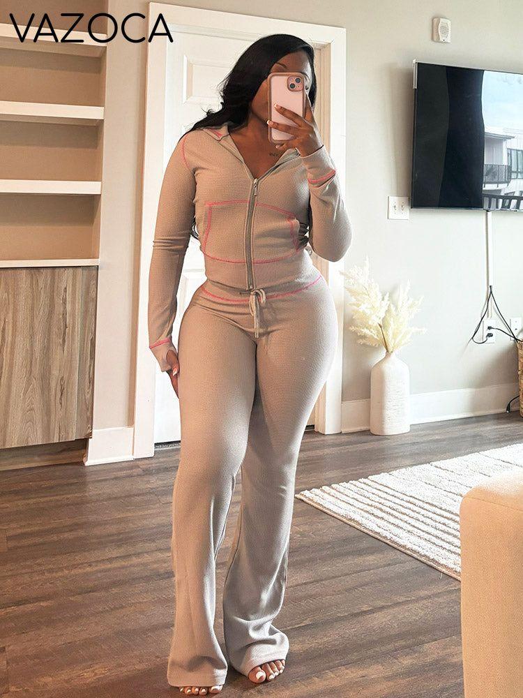 Waffle Knit Hoodie and Flare Pants Set