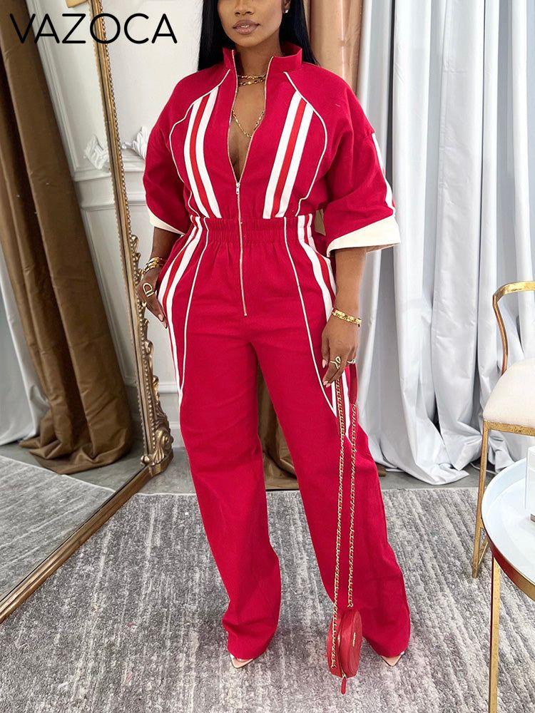 3/4 Sleeves Zip-Up Striped Jumpsuit