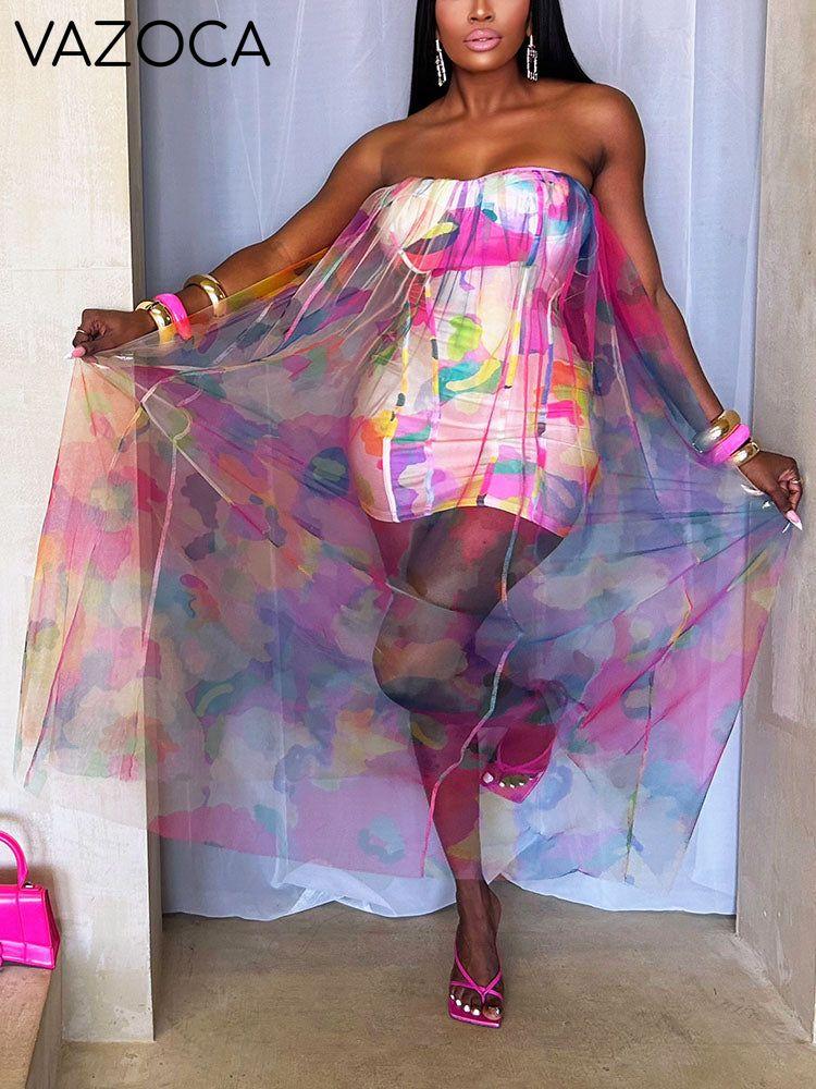 Vibrant Mesh Strapless Maxi Dress