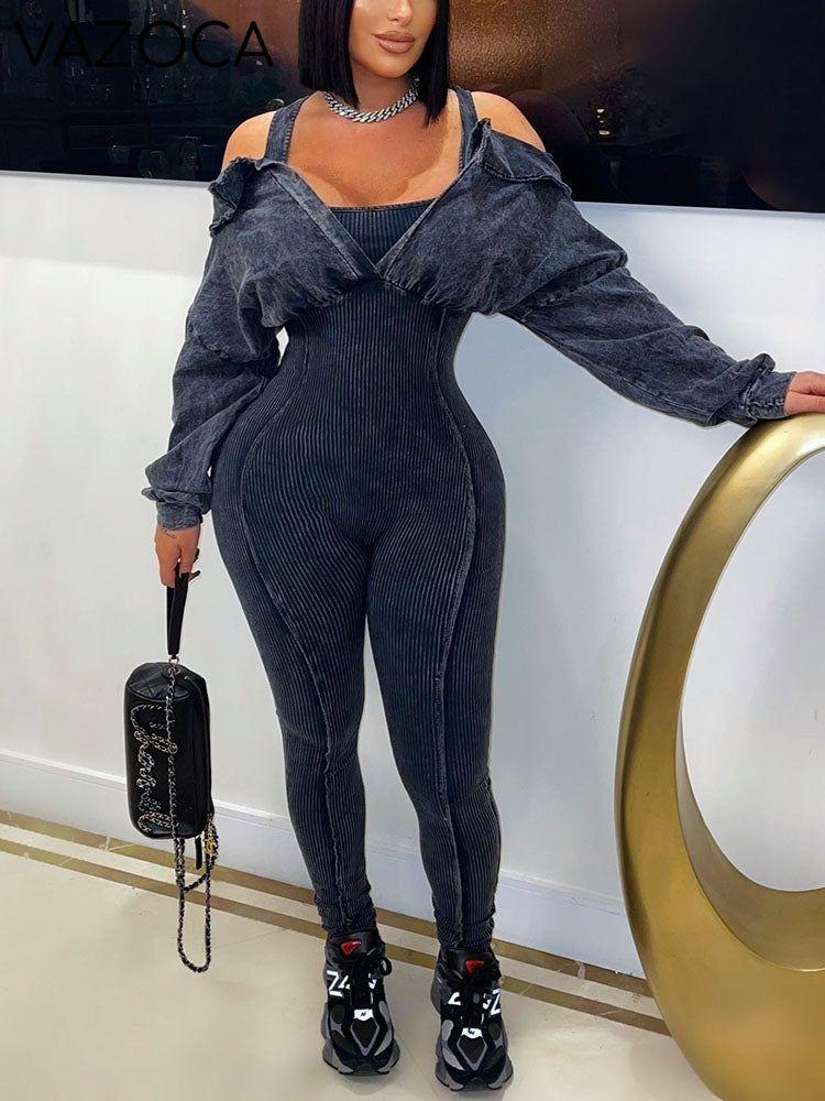 Washed Cold Shoulder Jumpsuit