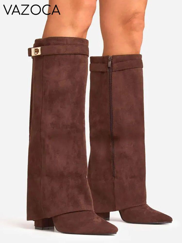 Fold Chunky Heel Knee High Boots