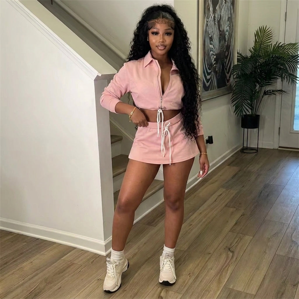 Zip Up Drawstring Skirt Set