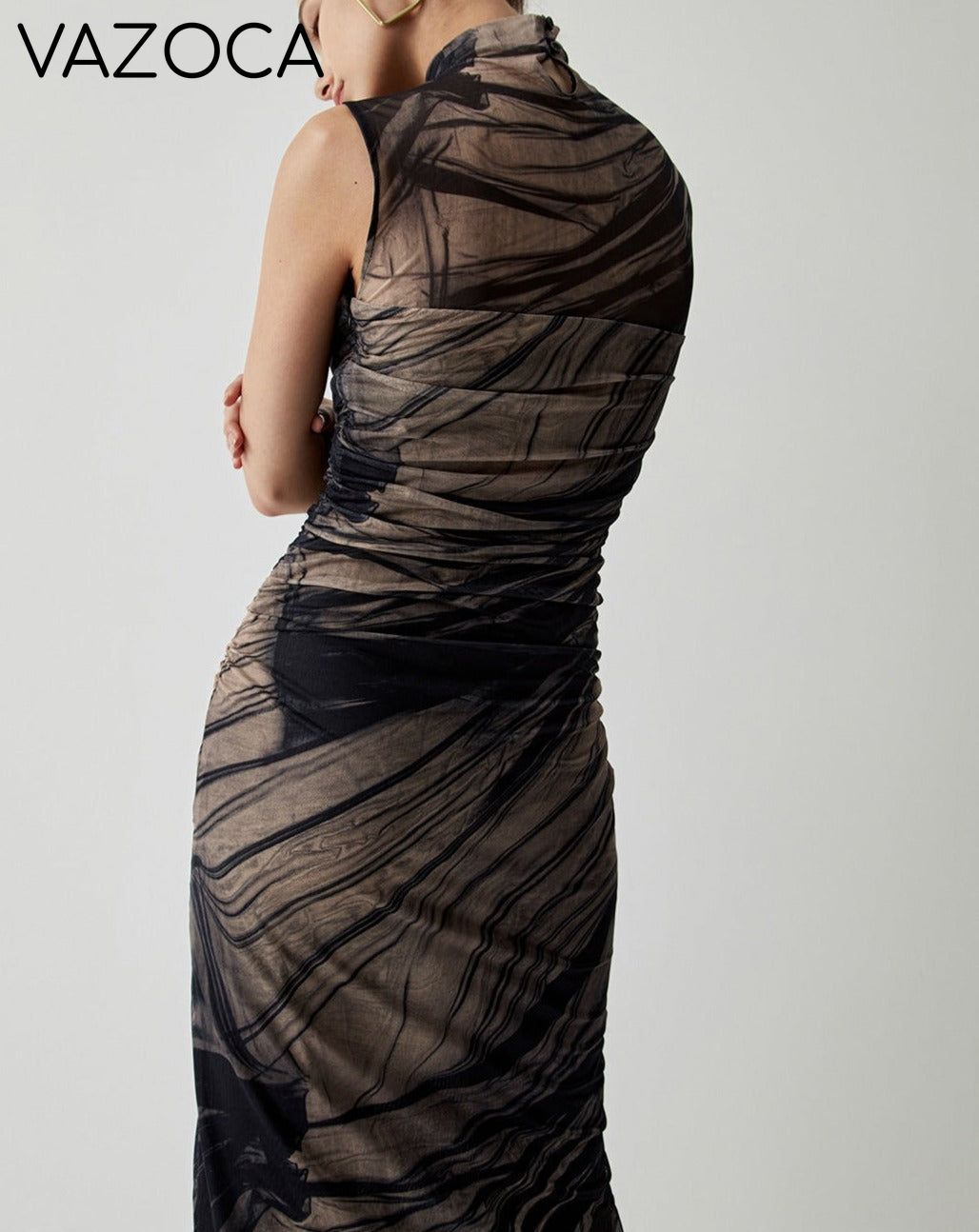 Ruched Tulle Mesh Mock Neck Long Dress