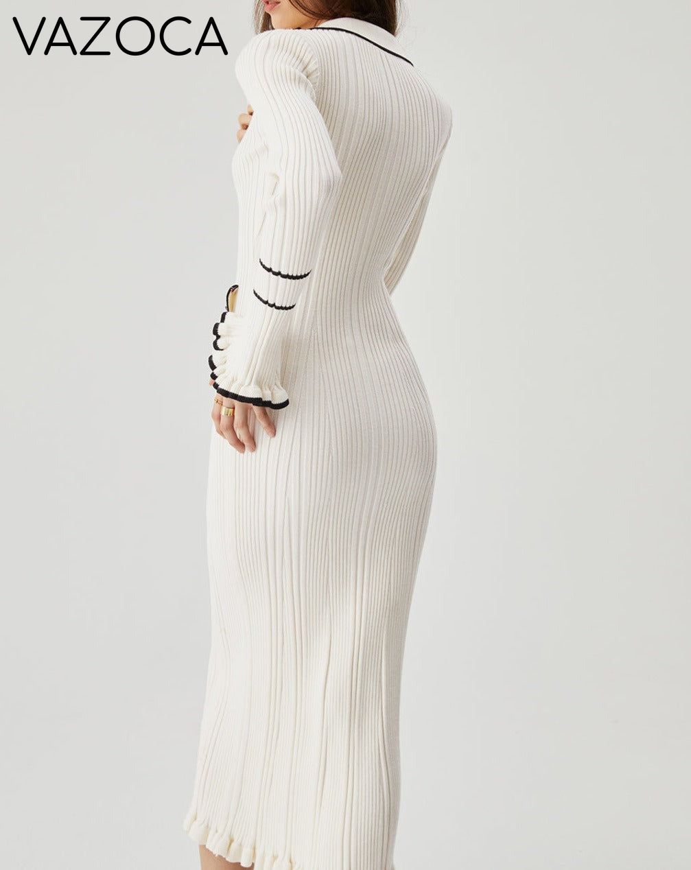 Ruffled Trim Contrast Binding Button-up Collar Midi Sweater Dress