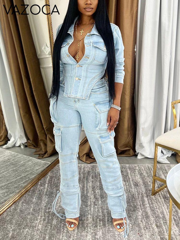 Denim Asymmetrical Jacket & Cargo Jeans Set
