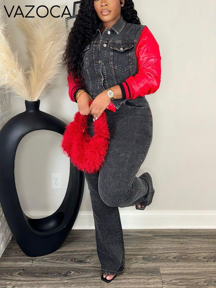 Leather Sleeve Denim Set
