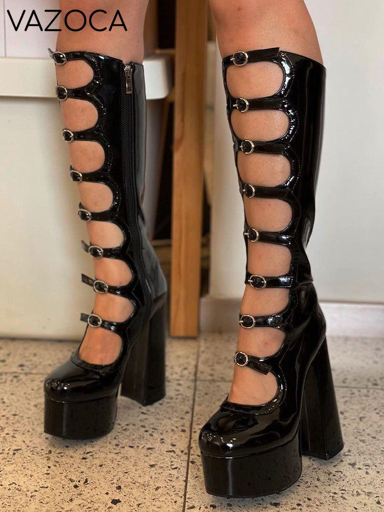 Leather Buckle-Strap Platform Boots