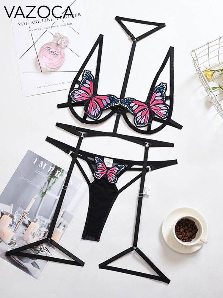 Butterfly Applique Underwire Harness Lingerie Set Black 1