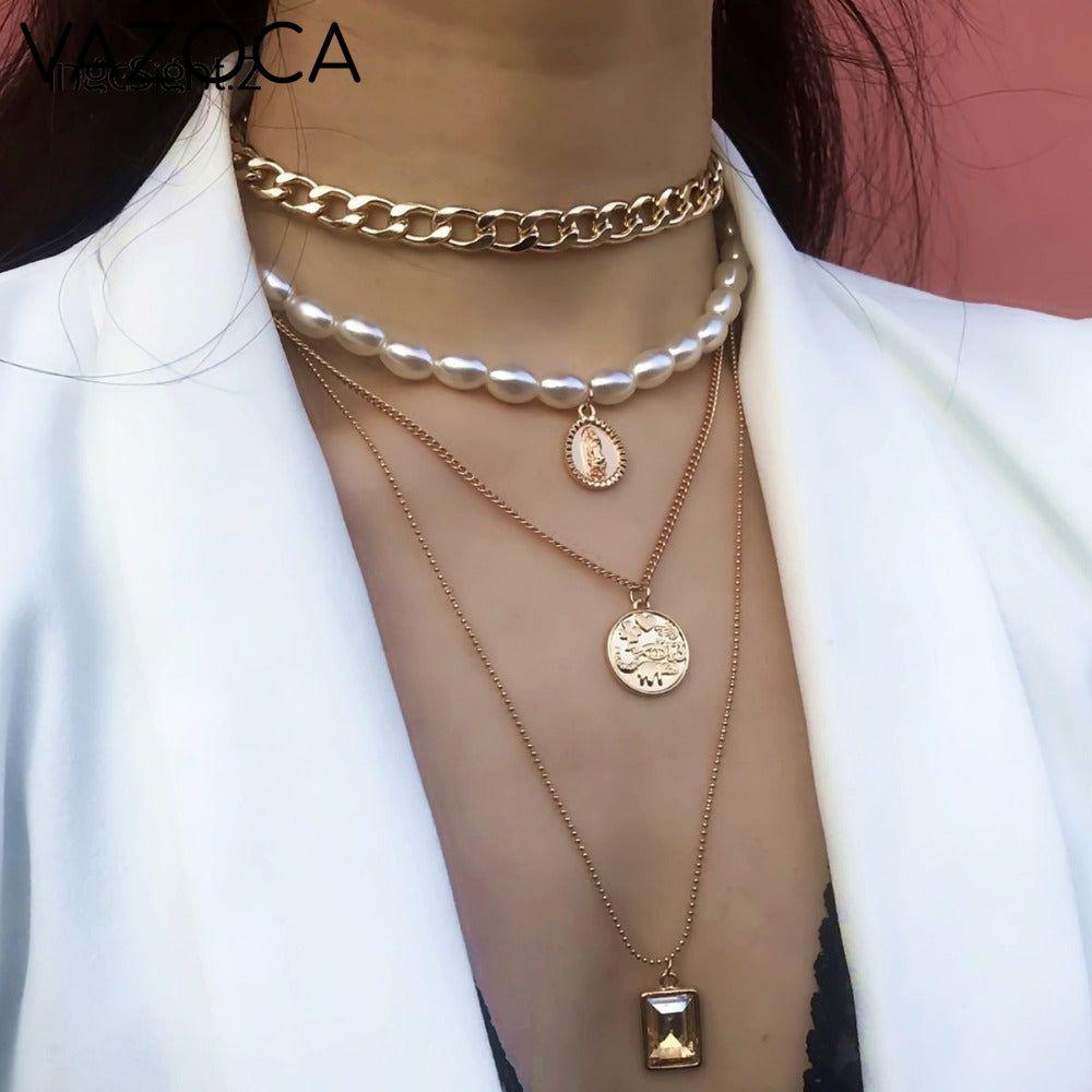 Coin Multi Layer Pearl Choker Necklace