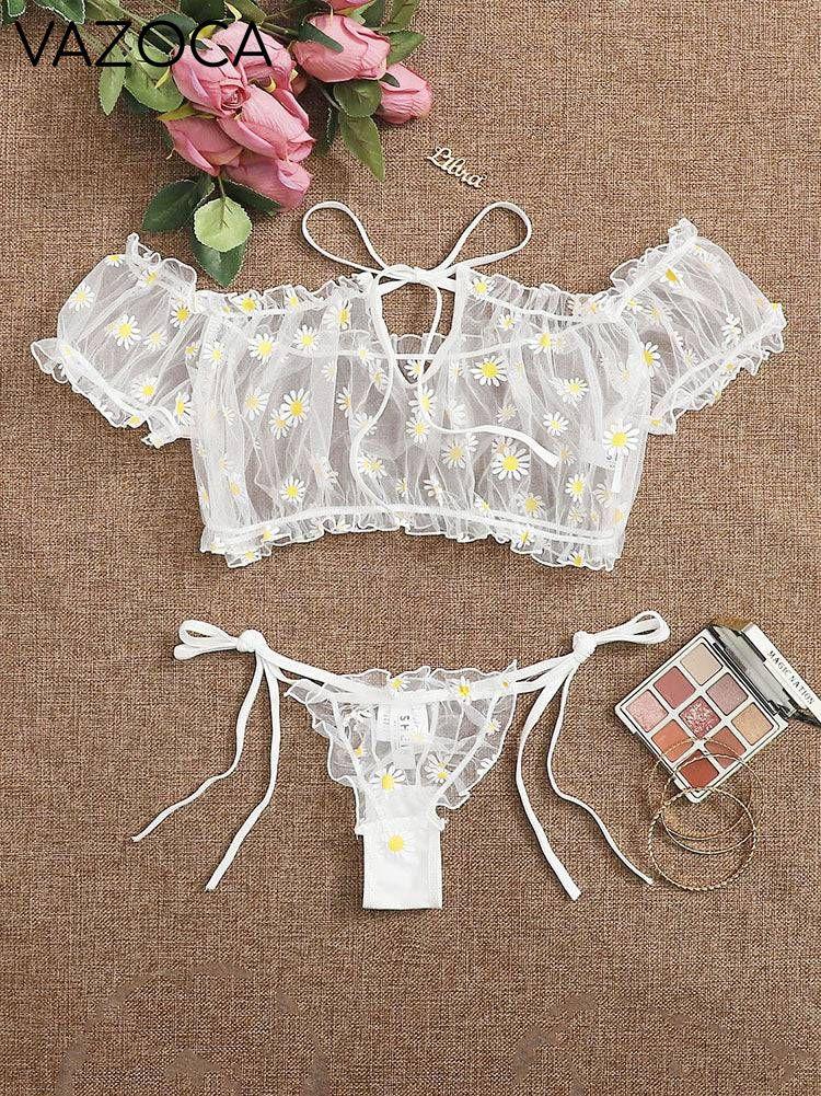 Daisy Floral Frill Trim Bardot Mesh Lingerie Set
