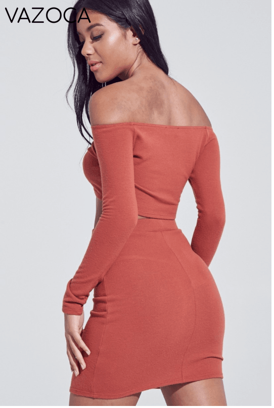 Do or Dye Off Shoulder Crop Top Set - Rust
