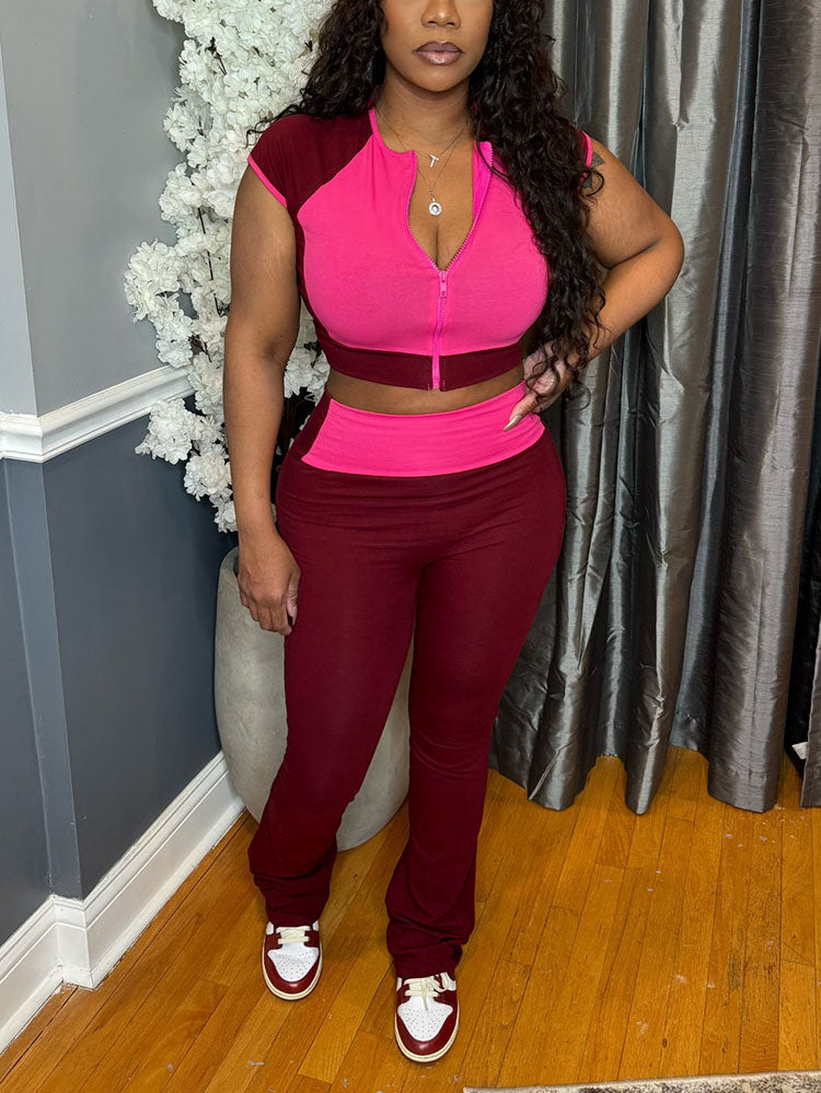 Sporty Contrast Top & Flared Pants Set