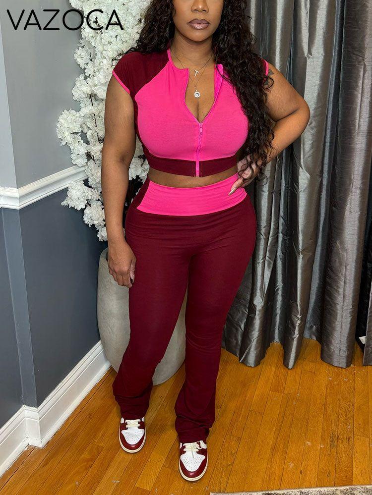 Sporty Contrast Top & Flared Pants Set