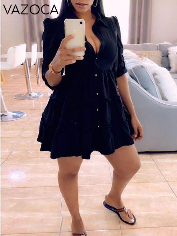 Solid Button-Front Ruffle Dress