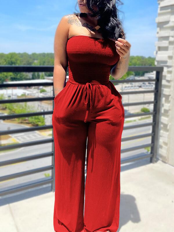 Solid Smocked Tied Jumpsuit