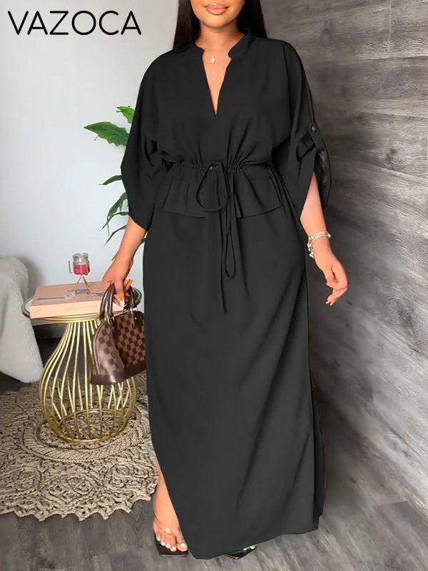 V-Neck Drawstring Slit Dress--Clearance