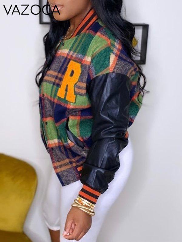 Gorgeousladie Faux-Leather Combo Plaid Bomber Jacket