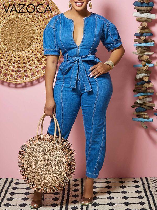 Zip-Front Tied Denim Jumpsuit