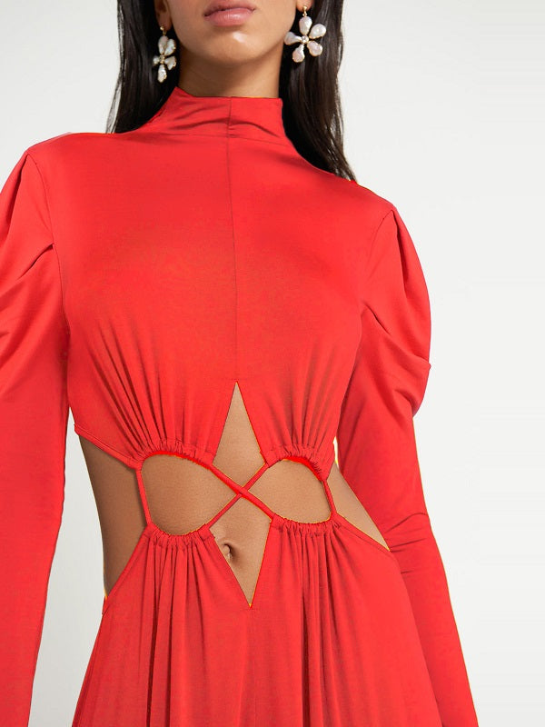 Gorgeousladie Lace-up Mock Neck Maxi Dress