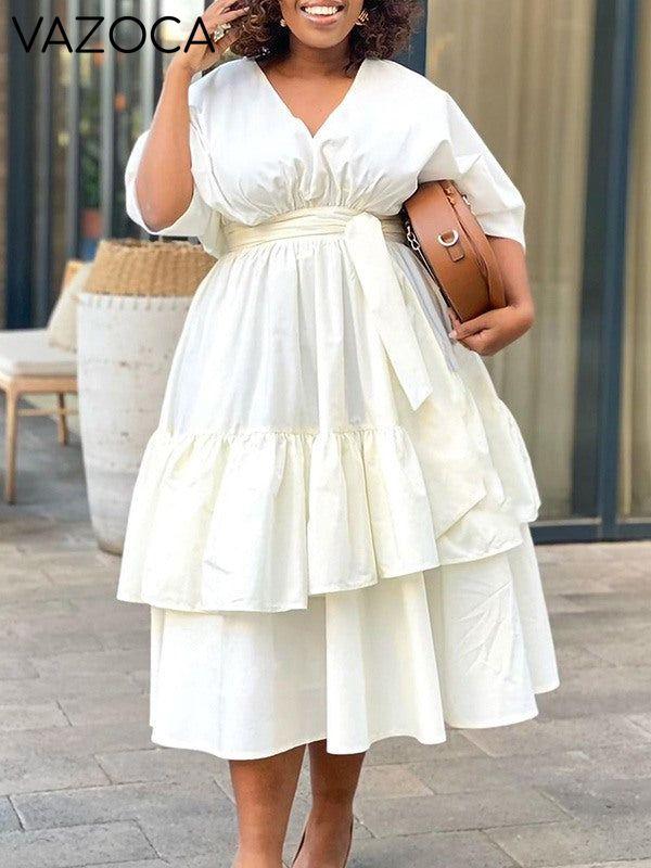 Solid V-Neck Tied Dress--Clearance