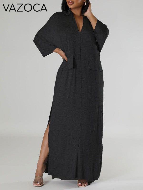Solid V-Neck Side-Slit Dress --Clearance