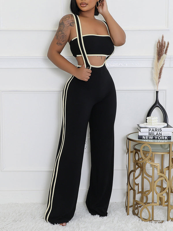 Piping Bandeau Top & Overalls Set Black