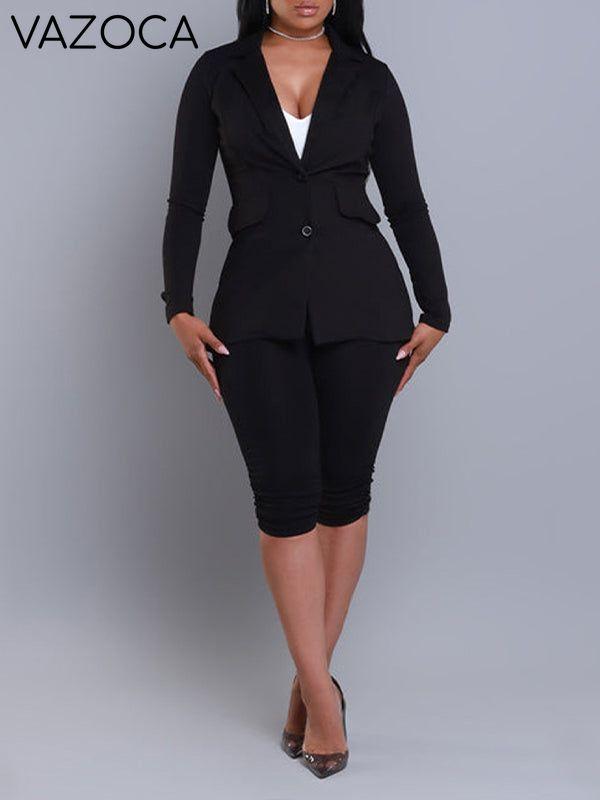 Solid Blazer & Biker Shorts Set
