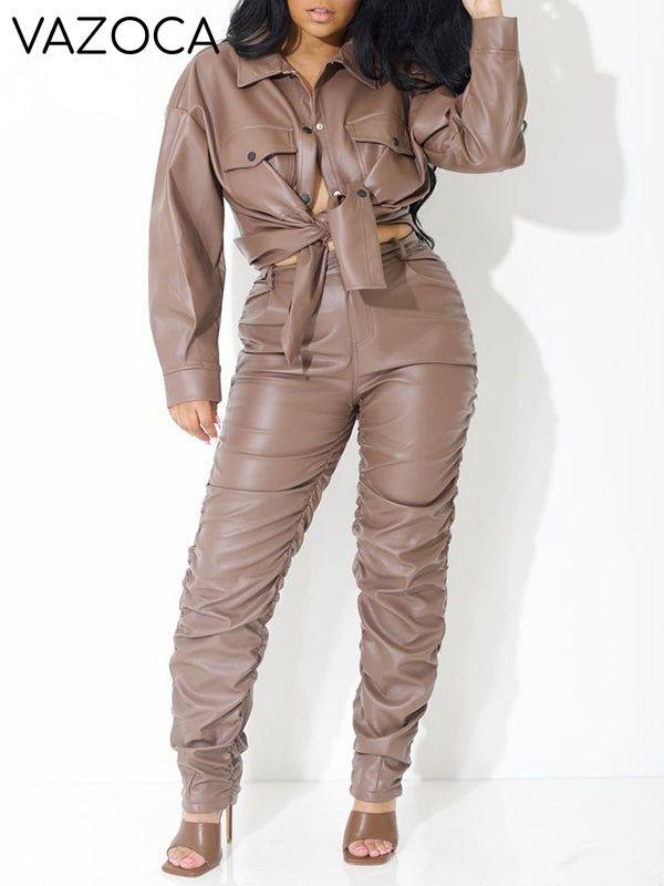 Faux-Leather Shirt & Ruched Pants Set