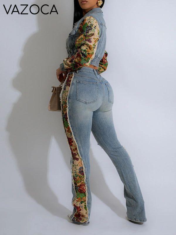 Morchique Printed Combo Denim Jacket & Pants Set