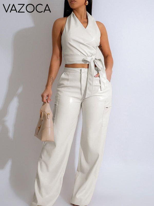 Morchique Faux-Leather Halter Top & Pants Set