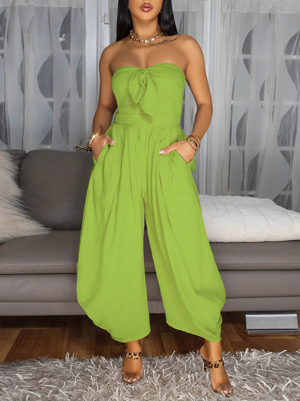 Solid Strapless Tied Wide-Leg Jumpsuit Green