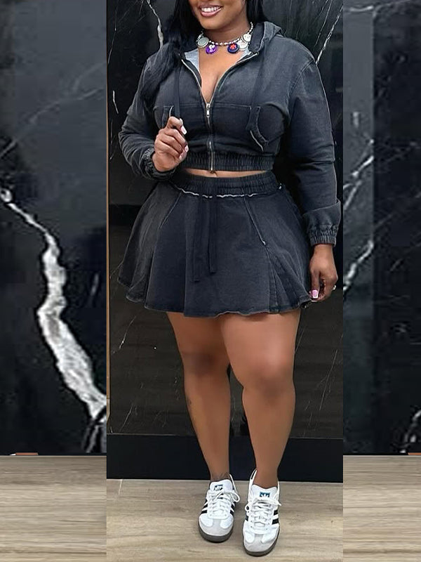 Denim Zip Hoodie & Skirt Set