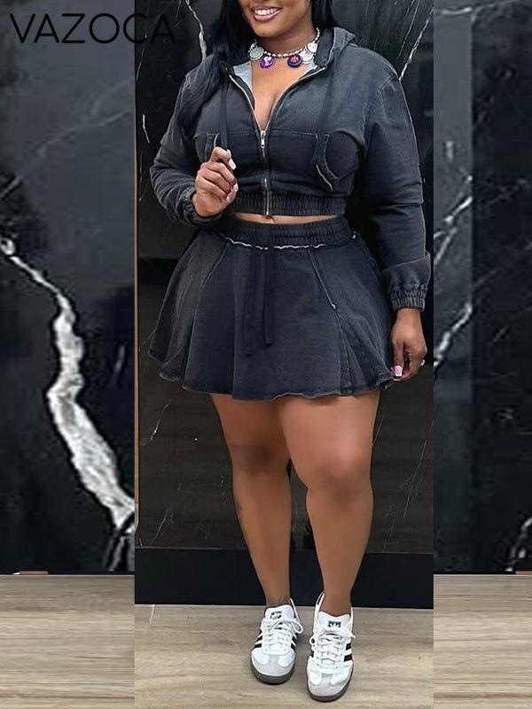 Denim Zip Hoodie & Skirt Set