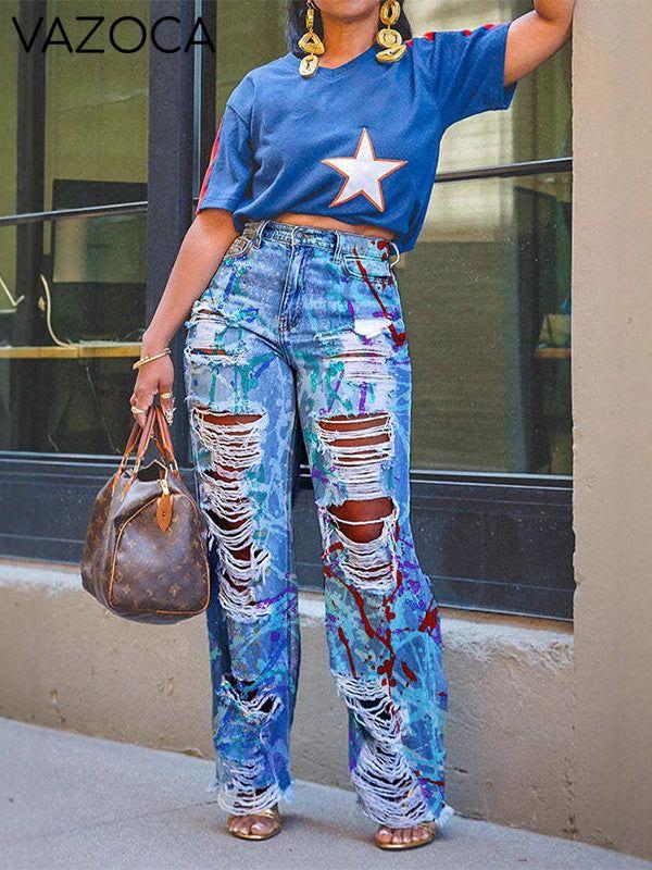Printed Ripped Jeans