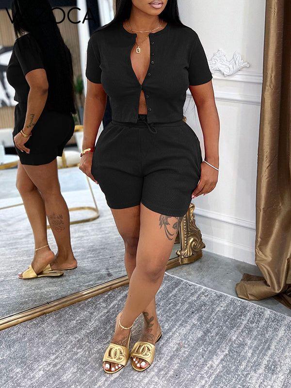 Solid Button-Front Top & Shorts Set