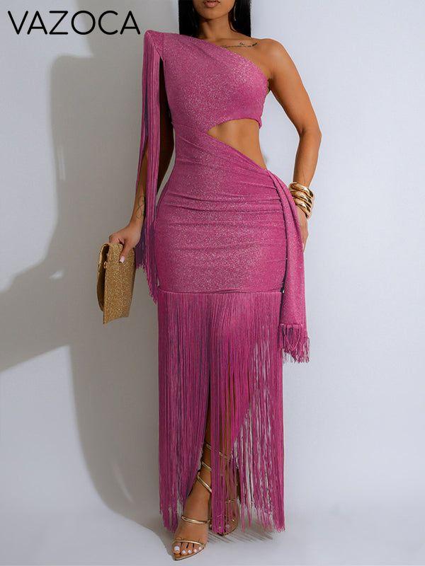 Fringe-Combo One-Shoulder Dress