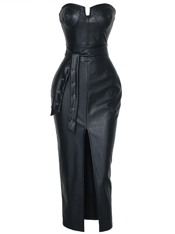 Faux-Leather Tied Tube Dress