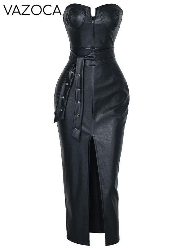 Faux-Leather Tied Tube Dress