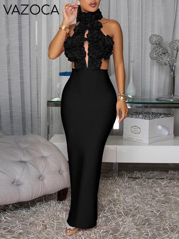 Solid Floral Halter Dress