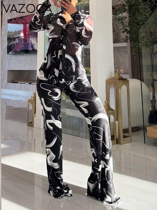 Printed Shirt & Flared Pants Set