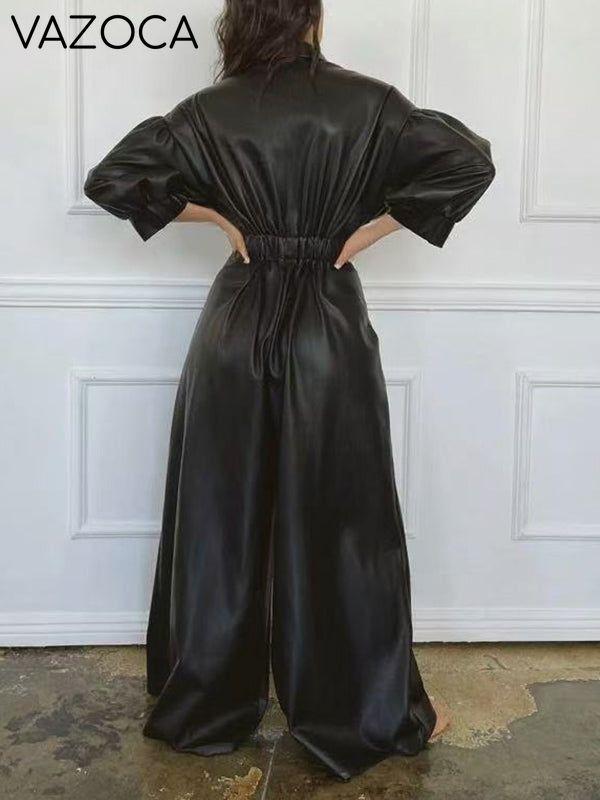 Faux-Leather Wide-Leg Jumpsuit